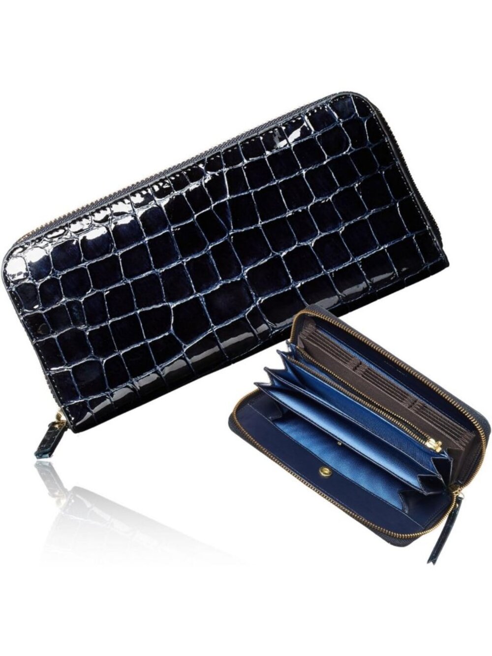 Elegant Leather Long Wallet - Cowhide Vertical Card Case in Navy - Gift Boxed